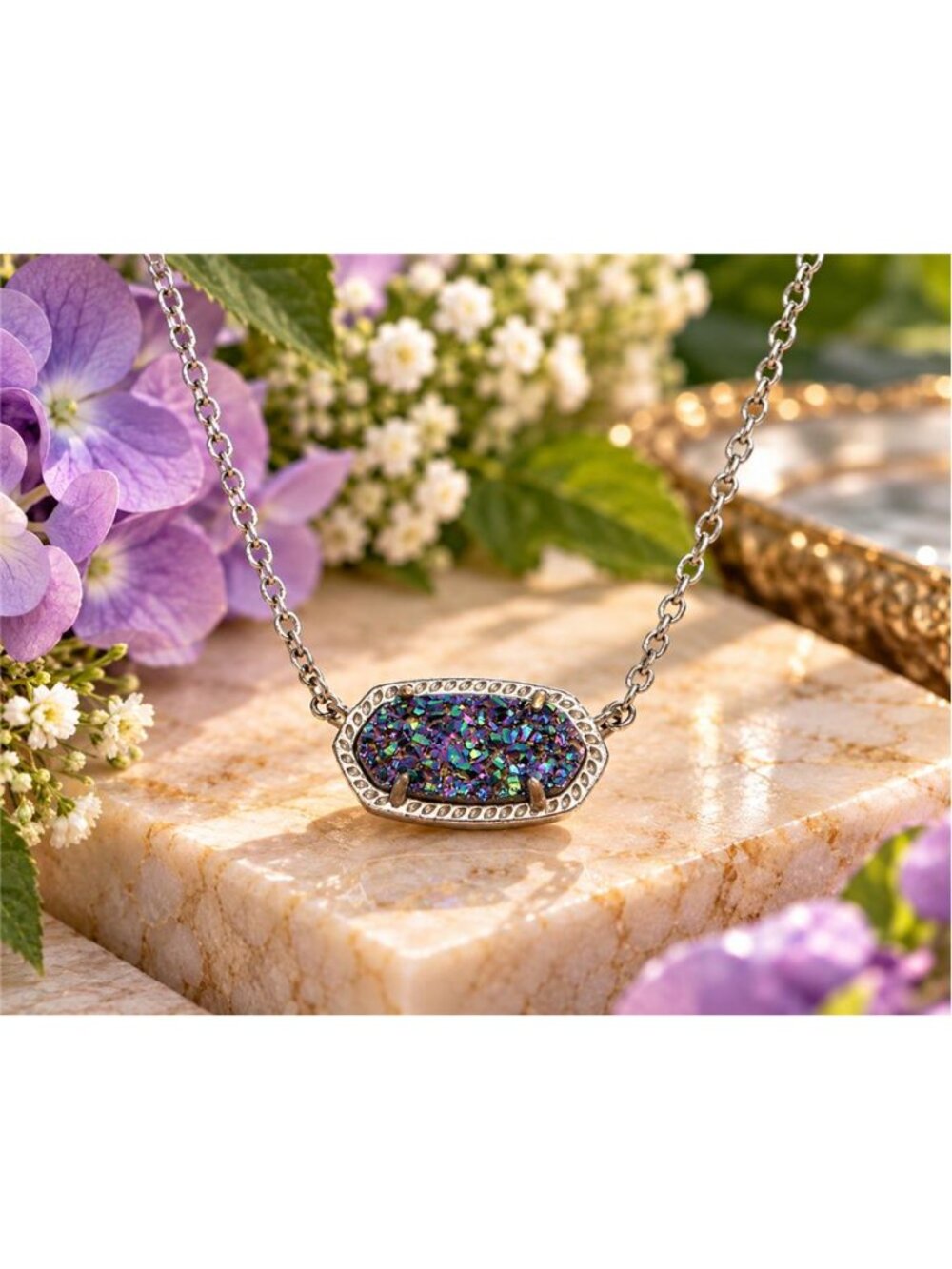 Kendra Scott Elisa Necklace Iridescent Drusy Rhodium Silver Tone 17" Genuine